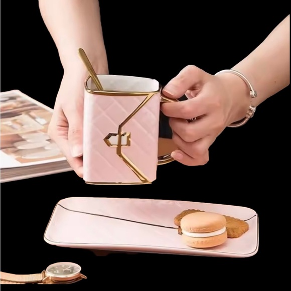 Elegant Ceramic Pink Gold-Trim Top-Handle  Women's Bag Mug & Plate - Picture 3 of 7